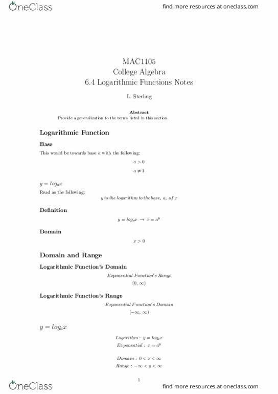 MAC1105 Lecture Notes - Lecture 24: Natural Logarithm, Real Number, Logarithm thumbnail