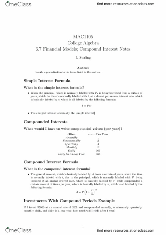 MAC1105 Lecture 27: 6.7 Financial Models; Compound Interest Notes thumbnail
