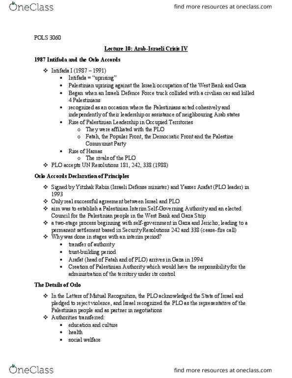 POLS 3060 Lecture Notes - Lecture 10: Ahmed Jabari, Second Intifada, Israel Defense Forces thumbnail