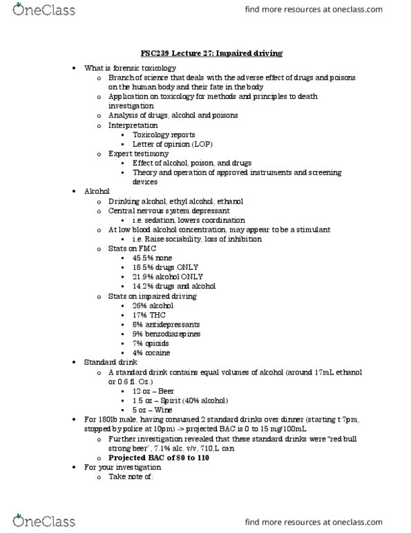 FSC239Y5 Lecture Notes - Lecture 27: Forensic Toxicology, Standard Drink, Central Nervous System thumbnail