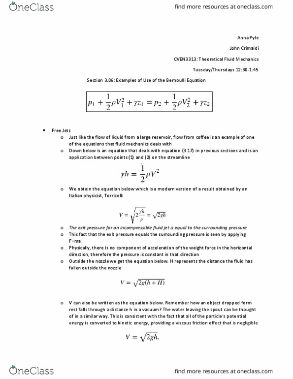 CVEN 3313 Chapter Notes - Chapter 3: Flow Measurement, Cavitation, Venturi Effect thumbnail