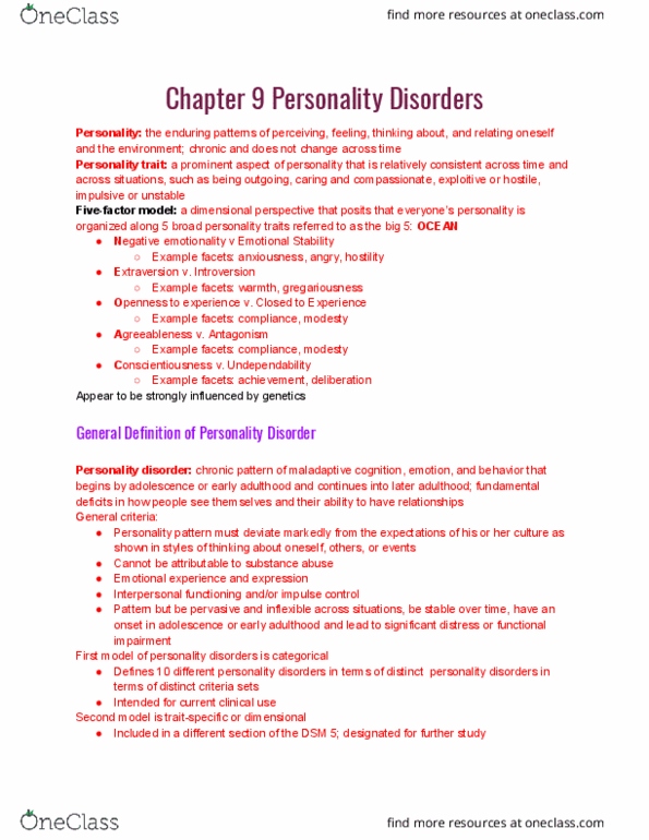 CLP 3144 Chapter Notes - Chapter 9: Dependent Personality Disorder, Histrionic Personality Disorder, Type A And Type B Personality Theory thumbnail