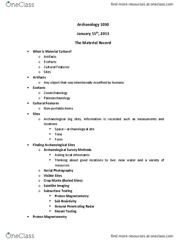 ARCH 1030 Lecture Notes - Lecture 2: Ground-Penetrating Radar, Palaeoarchaeology, Soil Resistivity thumbnail