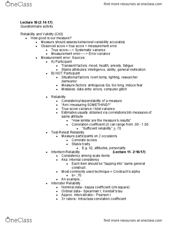 PSYC 200 Lecture Notes - Lecture 7: Intraclass Correlation, Face Validity, Discriminant Validity thumbnail