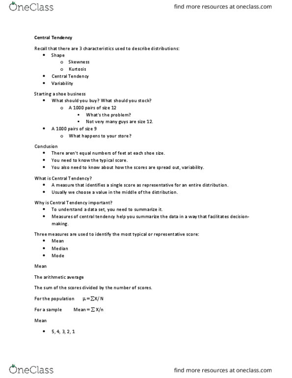 PSY 207 Lecture Notes - Lecture 3: Level Of Measurement, Central Tendency, Kurtosis thumbnail