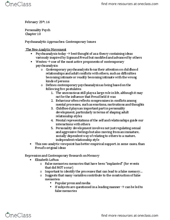 PSYC 2740 Chapter Notes - Chapter 10: Elizabeth Loftus, Contemporary Psychoanalysis, Sigmund Freud thumbnail