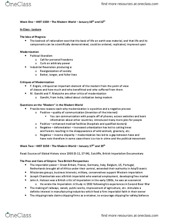 HIST 1150 Lecture Notes - Lecture 2: Nationstates, Platt Amendment, Otto Von Bismarck thumbnail