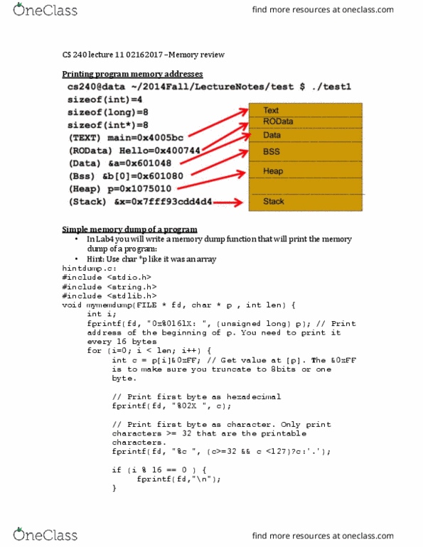 CS 24000 Lecture Notes - Lecture 11: C Dynamic Memory Allocation, Core Dump, C String Handling thumbnail