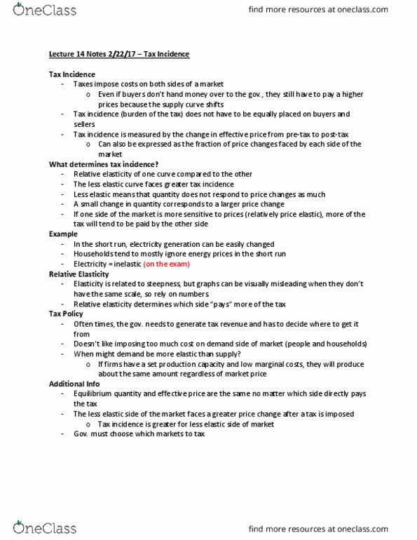 ECON 2010 Lecture Notes - Lecture 14: Tax Incidence thumbnail