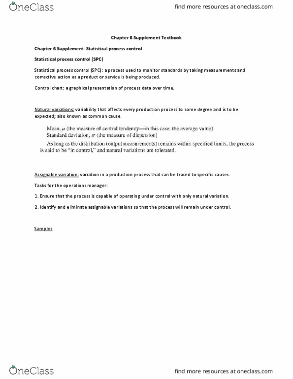COMMERCE 2OC3 Chapter Notes - Chapter 6S: Acceptance Sampling, Type I And Type Ii Errors, Statistical Process Control thumbnail