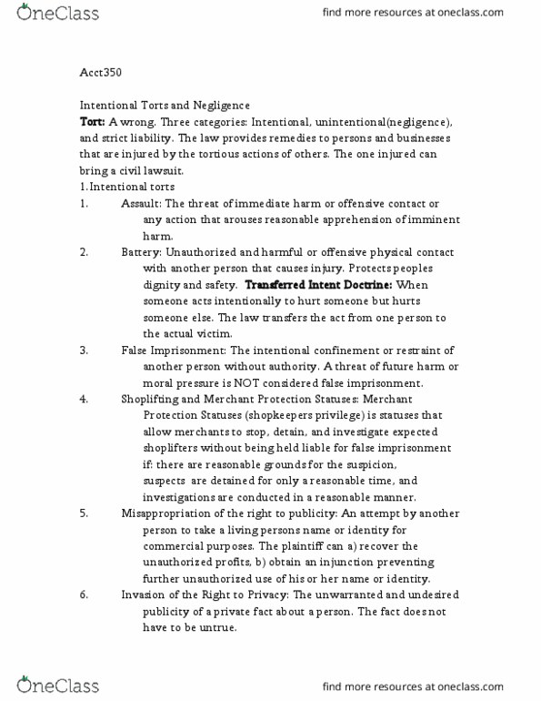 ACCT350 Lecture Notes - Lecture 7: Scienter, False Imprisonment thumbnail