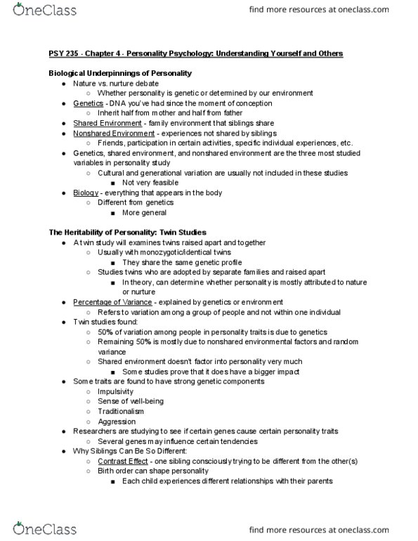 PSY 235 Chapter Notes - Chapter 4: The Need, Casual Sex, Extraversion And Introversion thumbnail