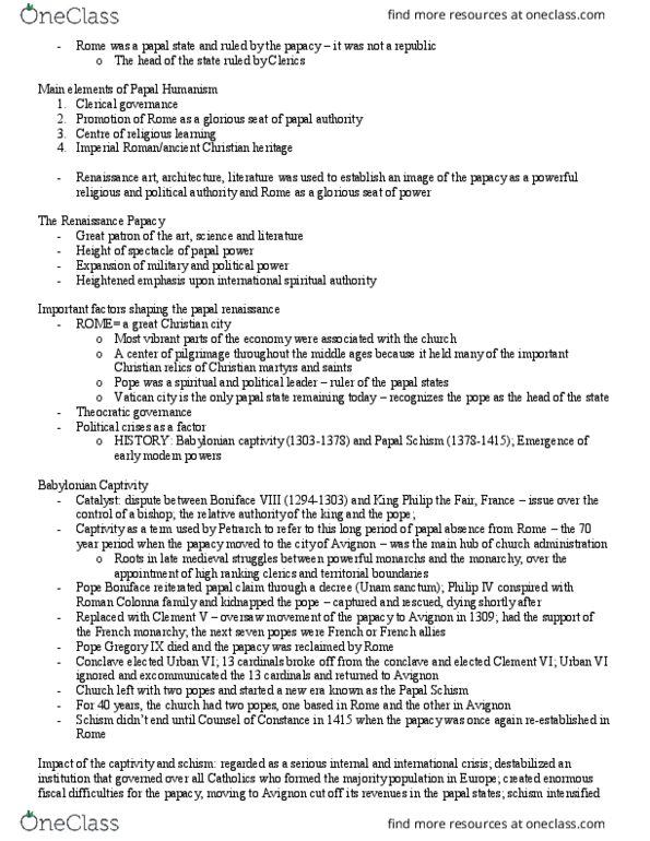 HISTORY 3H03 Lecture Notes - Lecture 13: Pope Paul Ii, Theocracy, Julius Pomponius Laetus thumbnail