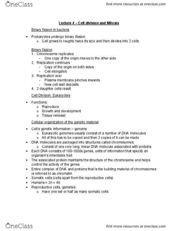 BIO152H5 Lecture Notes - Lecture 4: Prometaphase, Telophase, Cell Cycle thumbnail