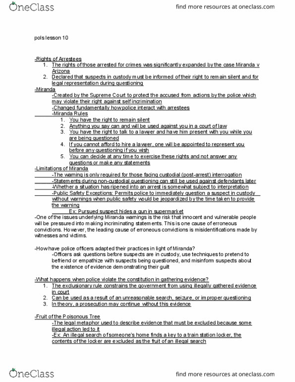 POLS 3600 Lecture Notes - Lecture 10: Fourth Amendment To The United States Constitution, Exclusionary Rule thumbnail