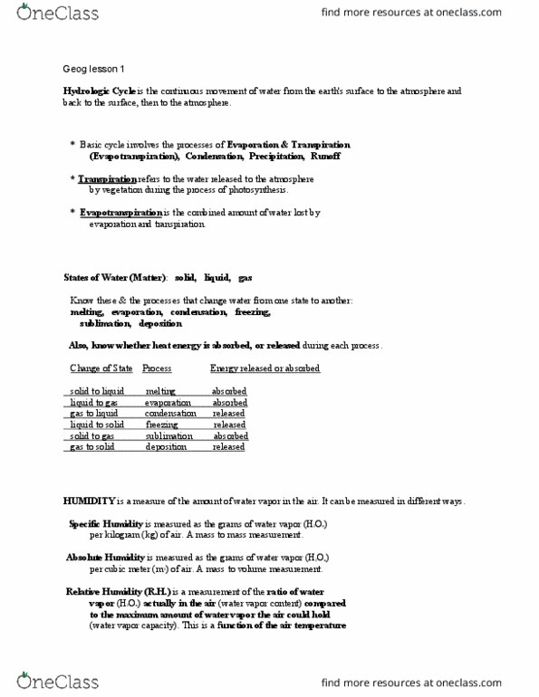 GEOG 1101 Lecture Notes - Lecture 1: Dew Point, Vapor Pressure, Humidity thumbnail