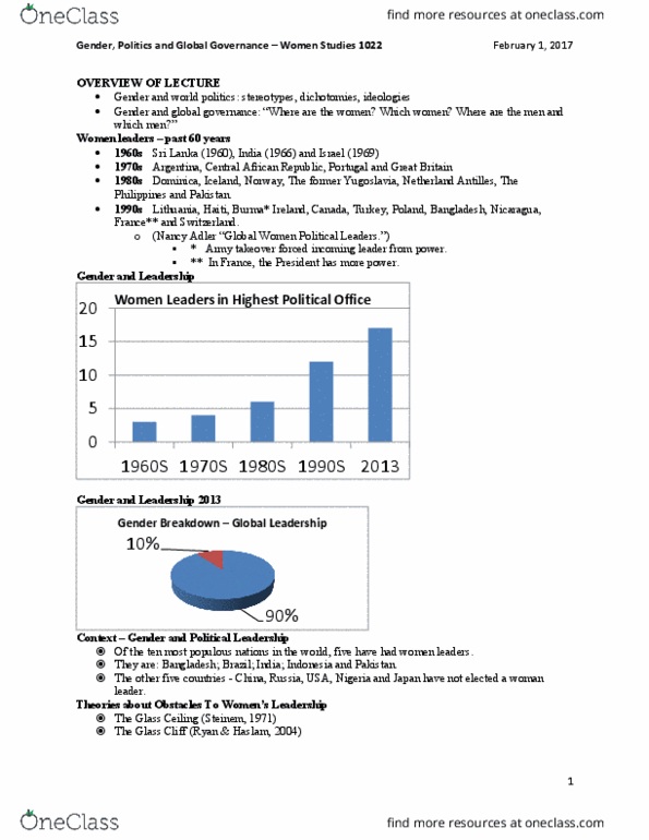 Women's Studies 1022F/G Lecture Notes - Lecture 3: Fortune 1000, Sub-Saharan Africa, Electoral List thumbnail