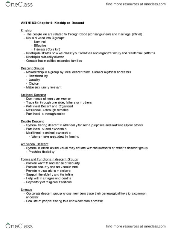 ANTH 1150 Chapter Notes - Chapter 9: Nuclear Family, Bilateral Descent, Ambilineality thumbnail