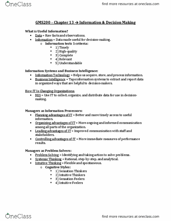 GMS 200 Chapter Notes - Chapter 13: Business Intelligence, Bounded Rationality, Satisficing thumbnail