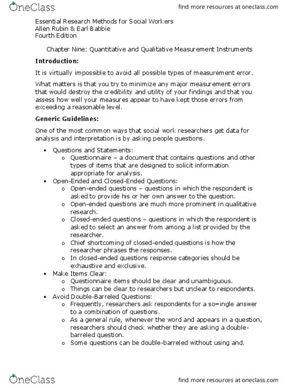 S W 313 Chapter Notes - Chapter 9: Likert Scale, Structured Interview thumbnail