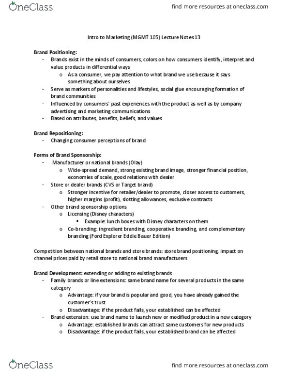 MGMT 105 Lecture Notes - Lecture 13: Cognitive Dissonance, Marketing Mix, Swot Analysis thumbnail