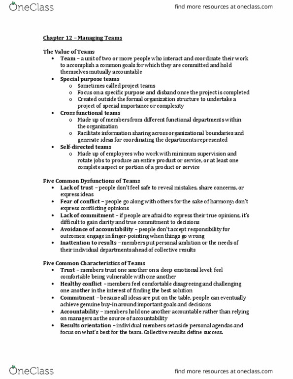 ADMN 2010H Chapter Notes - Chapter 12: Social Loafing, Conflict Resolution, Stay Cool thumbnail