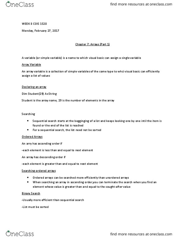 COIS 1520H Lecture Notes - Lecture 8: Binary Search Algorithm, Linear Search thumbnail