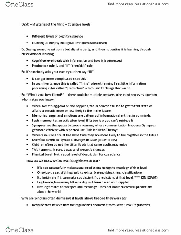 CGSC 1001 Lecture Notes - Lecture 4: Synesthesia, Observational Learning thumbnail