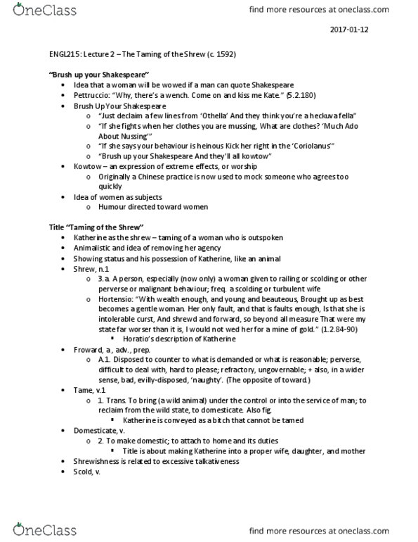 ENGL 215 Lecture Notes - Lecture 2: Chage And Aska, Psychological Abuse, George Bernard Shaw thumbnail