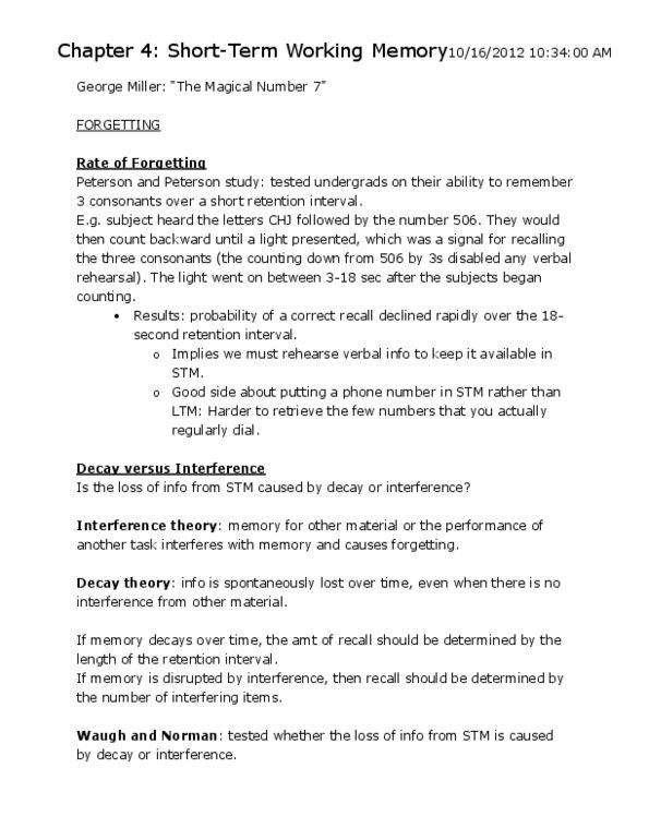 Psychology 2135A/B Chapter Notes - Chapter 4: Cognitive Load, Memory Span, Decay Theory thumbnail