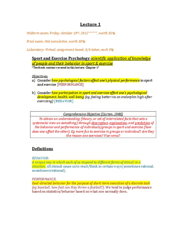 Kinesiology 1088A/B Lecture Notes - Sports Game, Psychophysiology, Endorphins thumbnail