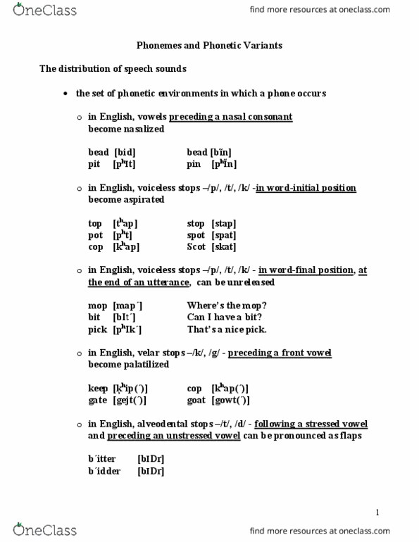 LIN 207 Lecture Notes - Lecture 5: Free Variation, Complementary Distribution, Front Vowel thumbnail