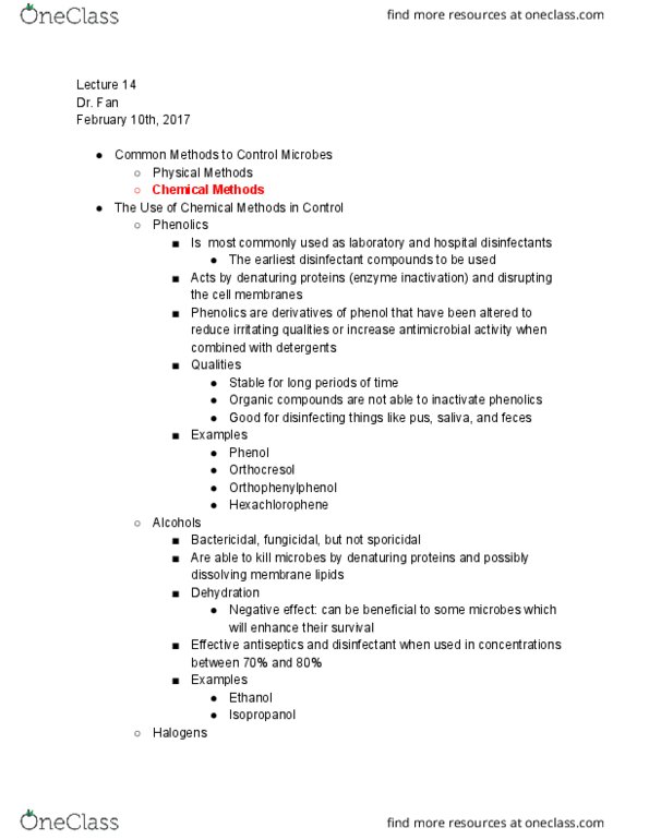 BIO 214 Lecture Notes - Lecture 14: Formaldehyde, Glutaraldehyde, Hexachlorophene thumbnail