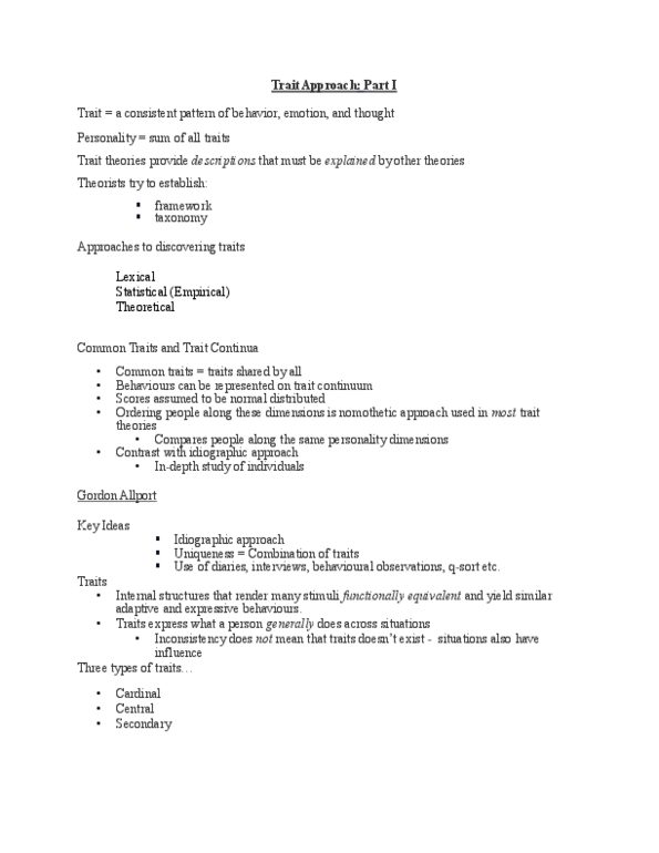 PSYB30H3 Lecture Notes - Lecture 2: Raymond Cattell, Trait Theory, Nomothetic thumbnail