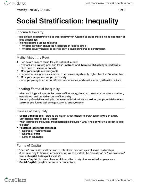 Sociology 1020 Lecture Notes - Lecture 16: Class Consciousness, Social Inequality, Working Poor thumbnail