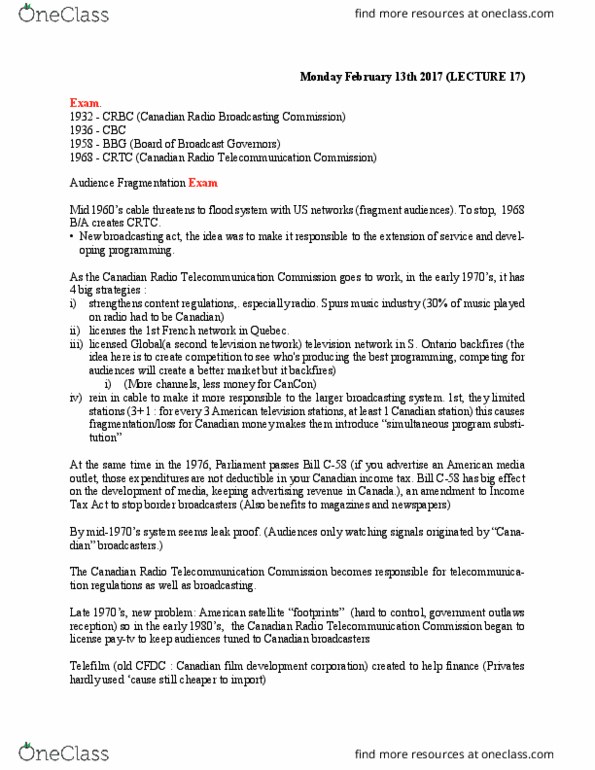 COMN 1000 Lecture Notes - Lecture 17: Telefilm Canada, Canadian Radio Broadcasting Commission, Rein thumbnail