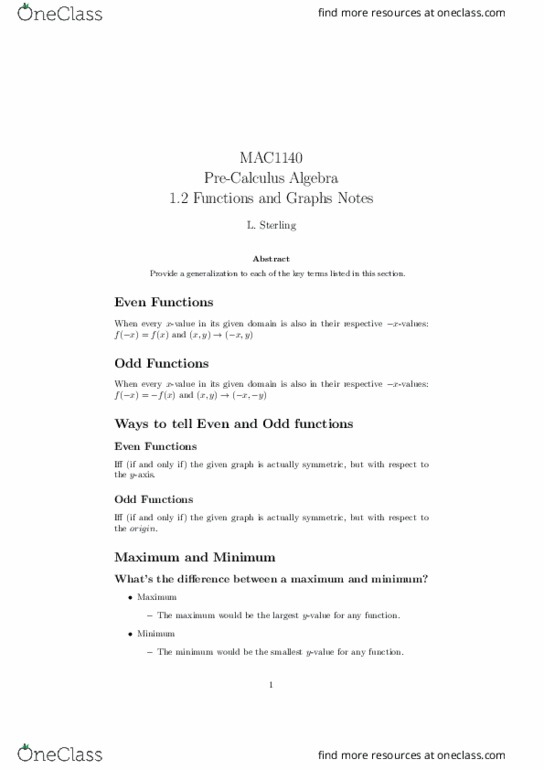 MAC1140 Lecture Notes - Lecture 1: Maxima And Minima thumbnail