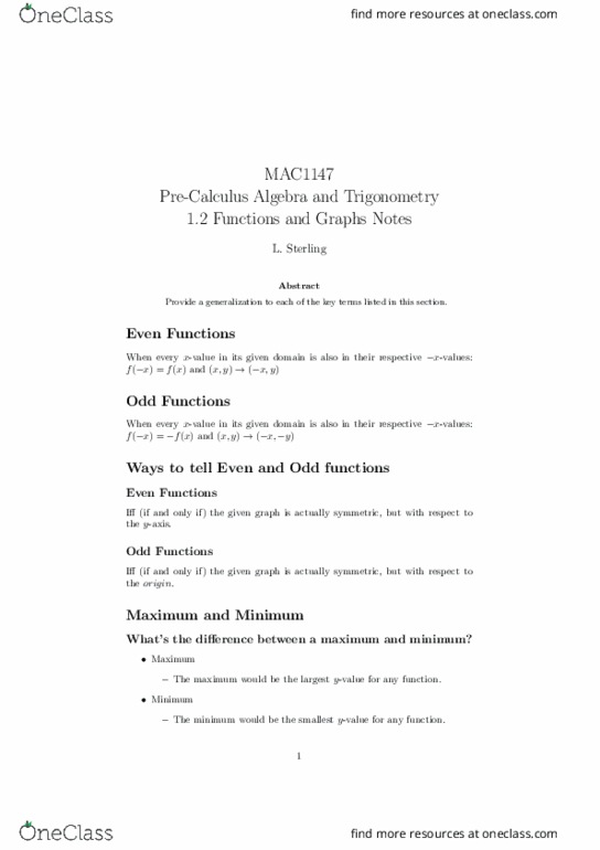 MAC1147 Lecture Notes - Lecture 1: Trigonometric Functions, Maxima And Minima thumbnail