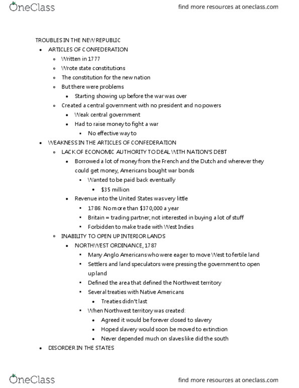 HIS 315K Lecture Notes - Lecture 14: Articles Of Confederation, Northwest Ordinance thumbnail