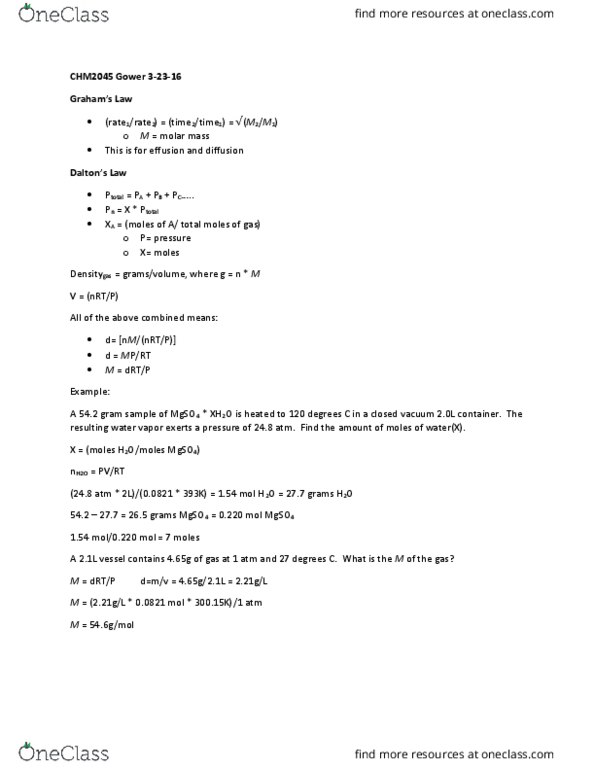 CHM 2045 Lecture Notes - Lecture 17: Horse Length, Molar Mass thumbnail