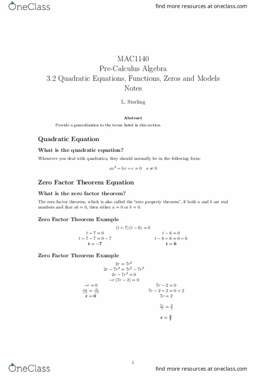 MAC1140 Lecture 5: 3.2 Quadratic Equations, Functions, Zeros and Models Notes thumbnail