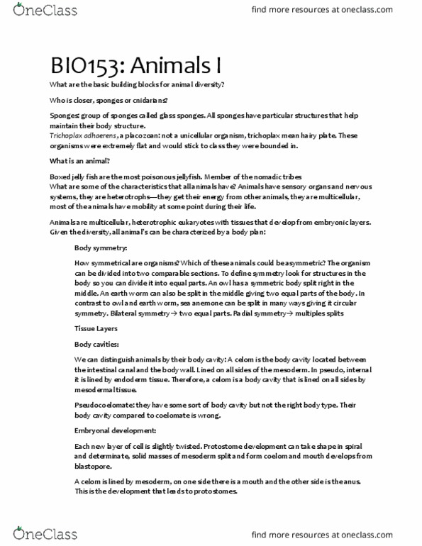 BIO153H5 Lecture Notes - Lecture 15: Arthropod, Tertiary Source, Nematode thumbnail