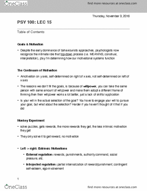 PSY100H1 Lecture Notes - Lecture 15: Motivation, Psy, Mindset thumbnail