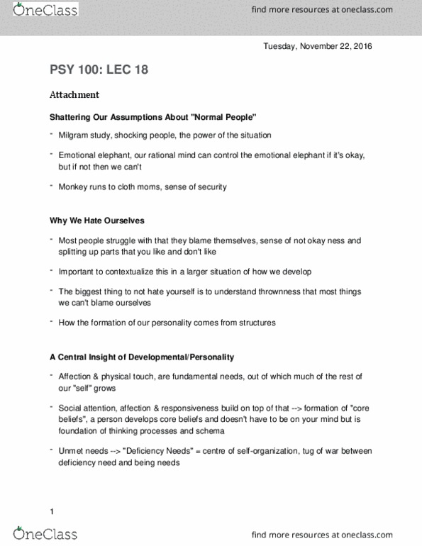 PSY100H1 Lecture Notes - Lecture 18: Milgram Experiment, Thrownness, Psy thumbnail