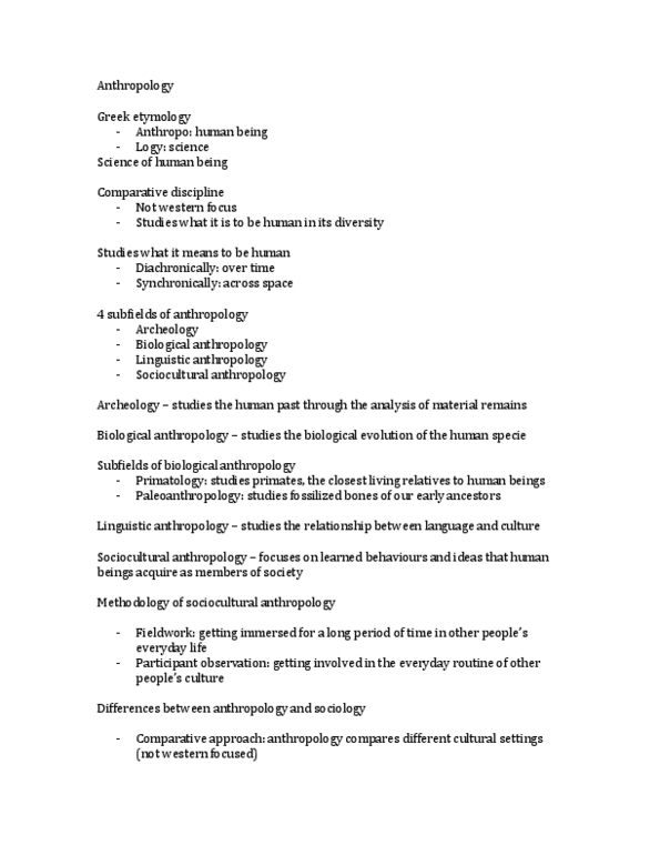 AN101 Lecture Notes - Sociocultural Anthropology, Linguistic Anthropology, Biological Anthropology thumbnail