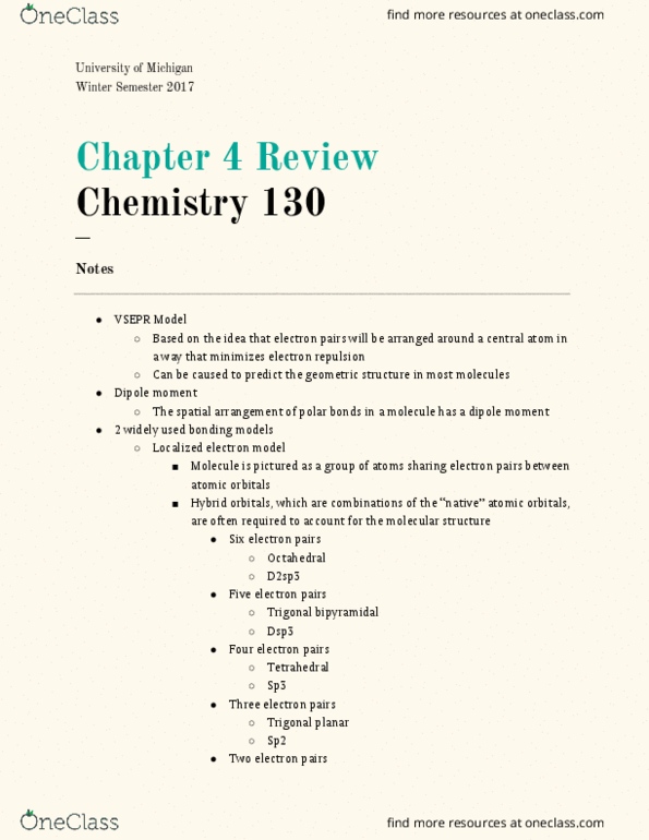 CHEM 130 Chapter Notes - Chapter 4: Antibonding Molecular Orbital, Trigonal Planar Molecular Geometry, Chemical Polarity thumbnail