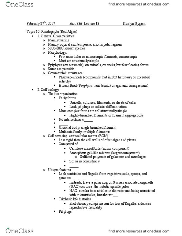 BIOL 336 Lecture Notes - Lecture 13: Phycocyanin, Sporangium, Starch thumbnail