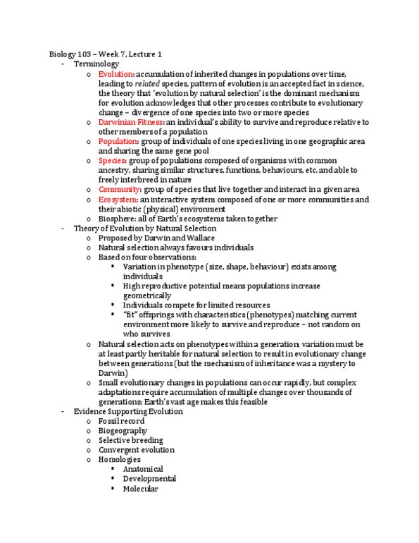 BIOL 103 Lecture Notes - Natural Selection, Biogeography, Convergent Evolution thumbnail