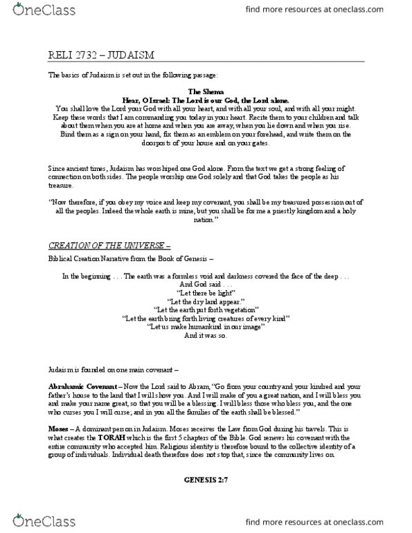 RELI 2732 Lecture Notes - Lecture 4: Elysium, Maimonides, Jewish Mysticism thumbnail