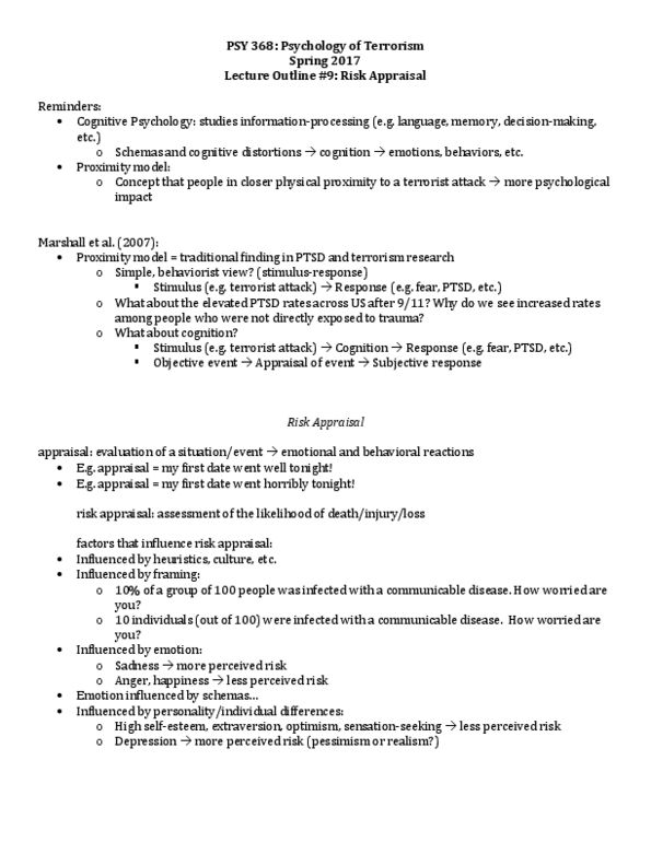 PSY 368 Lecture Notes - Lecture 9: Extraversion And Introversion, Risk Perception, Infection thumbnail